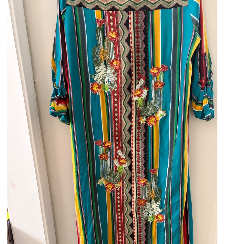 April Sky Embroidered Cactus Serape Stripe Maxi Shirt Dress Boho Western M - Picture 7 of 11
